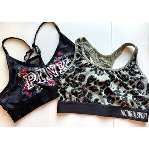 Lot Of 2 Victoria's Secret‎ Sports Bras Women's Size S Green Leopard Pink Black